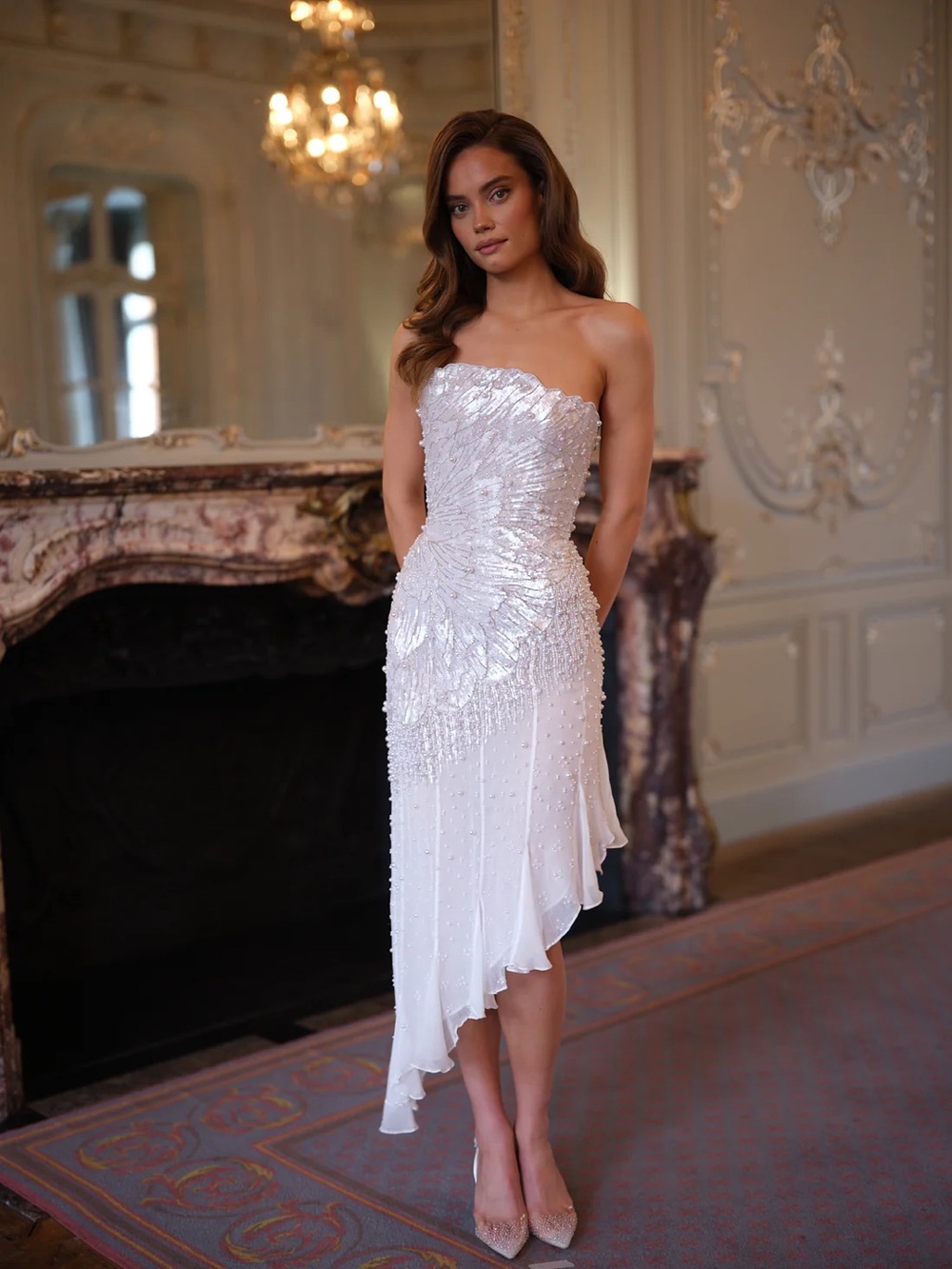 Strapless White Beaded Asymmetrical Cocktail Dress